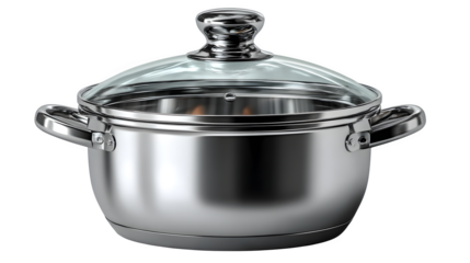 Stainless steel cooking pot with lid isolated on transparent background