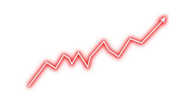 Red neon arrow graph line chart moving up concept of stock market business growth, financial profit, rising economy. Business grow up sign. Vector illustration.