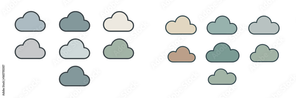 Poster various cloud shapes in different colors arranged in a grid pattern on a minimalist background for d