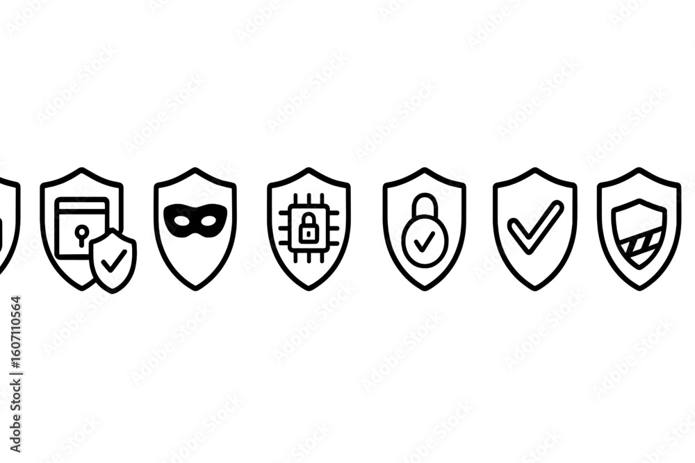Poster various security icons displayed in a linear arrangement showcasing digital protection concepts and 
