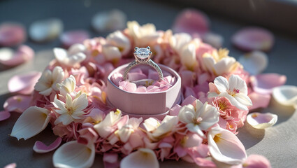 Diamond ring engagement ring wedding ring pink flowers petals romantic proposal love jewelry luxury gift