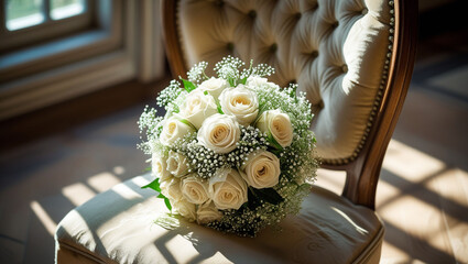 Wedding bouquet white roses bridal bouquet flower arrangement floral design event decoration celebration love chair