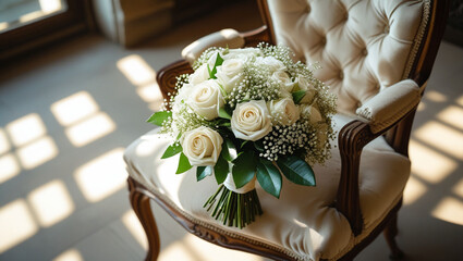 White roses bouquet wedding flowers bridal bouquet floral arrangement chair romantic celebration event