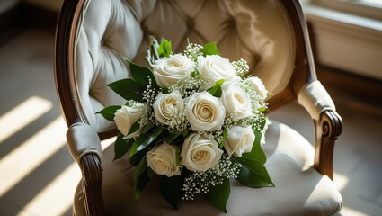 White roses bouquet wedding flowers bridal bouquet floral arrangement elegant chair marriage celebration