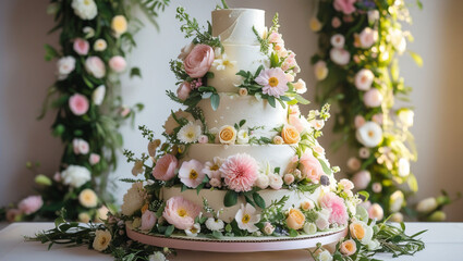 Elegant wedding cake floral design tiered cake celebration cake flower decoration wedding reception dessert