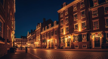Fototapeta premium Scenic shot of old buildings transformed by dynamic lighting and holiday spirit after dark.
