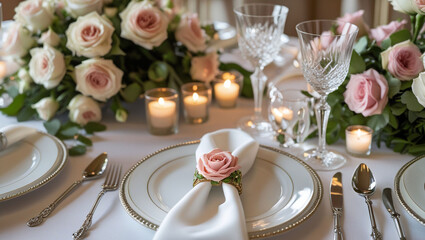 Elegant table setting wedding reception dinner party roses candles glassware flatware event celebration