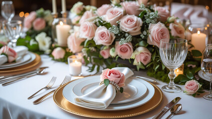 Table setting wedding reception decor floral centerpiece elegant roses dinner party celebration event