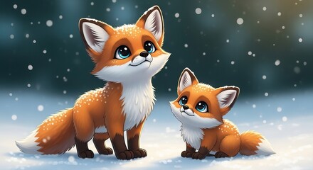 Obraz premium Adorable mother and baby fox sitting together in a snowy winter forest