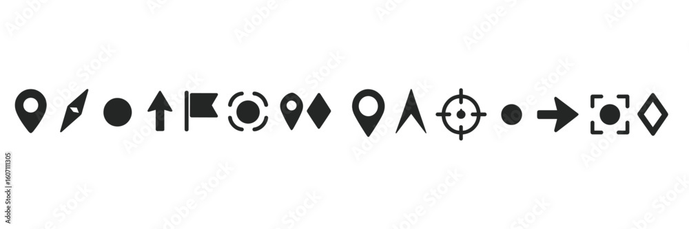 Poster symbols representing navigation and location, showing various icons for maps and directions in a sim