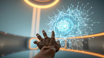 Human hand reaching to interact with an illuminated abstract network graphic in a futuristic digital environment.
