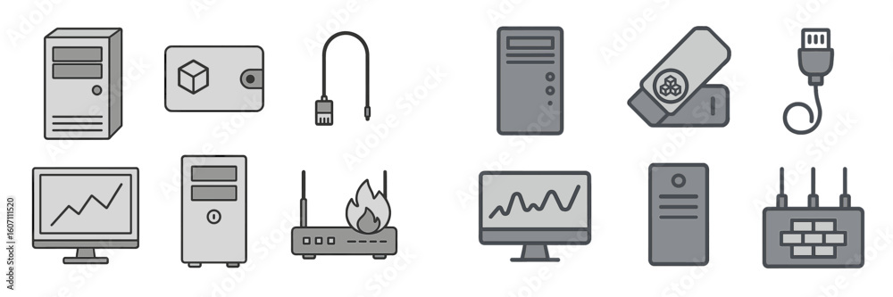 Poster collection of computer hardware icons depicting various components and connectivity options for tech
