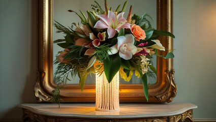 Floral arrangement flower bouquet flowers vase lilies orchids leaves greenery table mirror still life