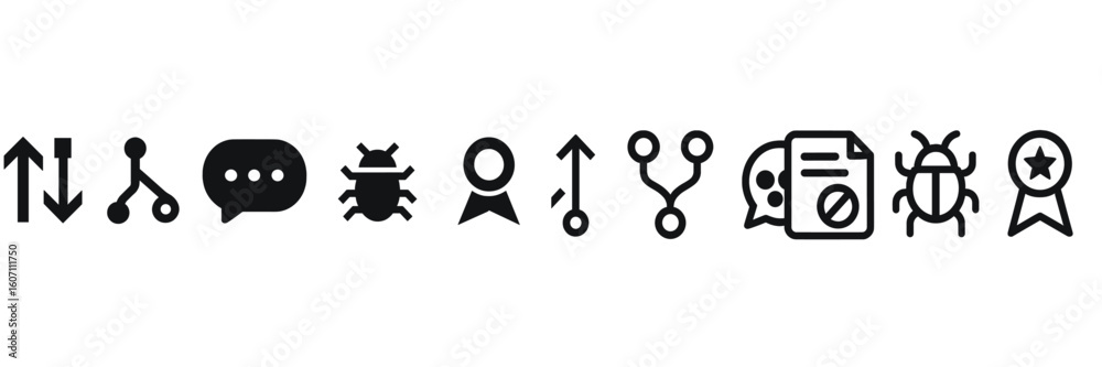 Poster collection of various black icons representing digital communication and software functionality in a