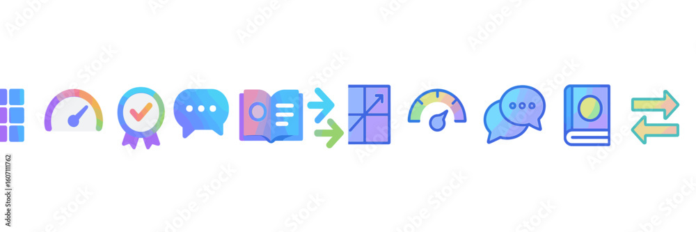 Poster collection of colorful graphic icons representing different functions and actions for digital interf