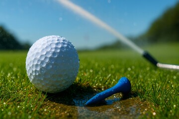 Golf ball and blue tee lying on wet grass during watering