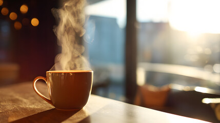A steaming cup of coffee on a cafe table, warmed by morning sunlight.