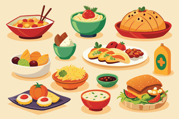 Variety of delicious food dishes in bowls and plates illustration