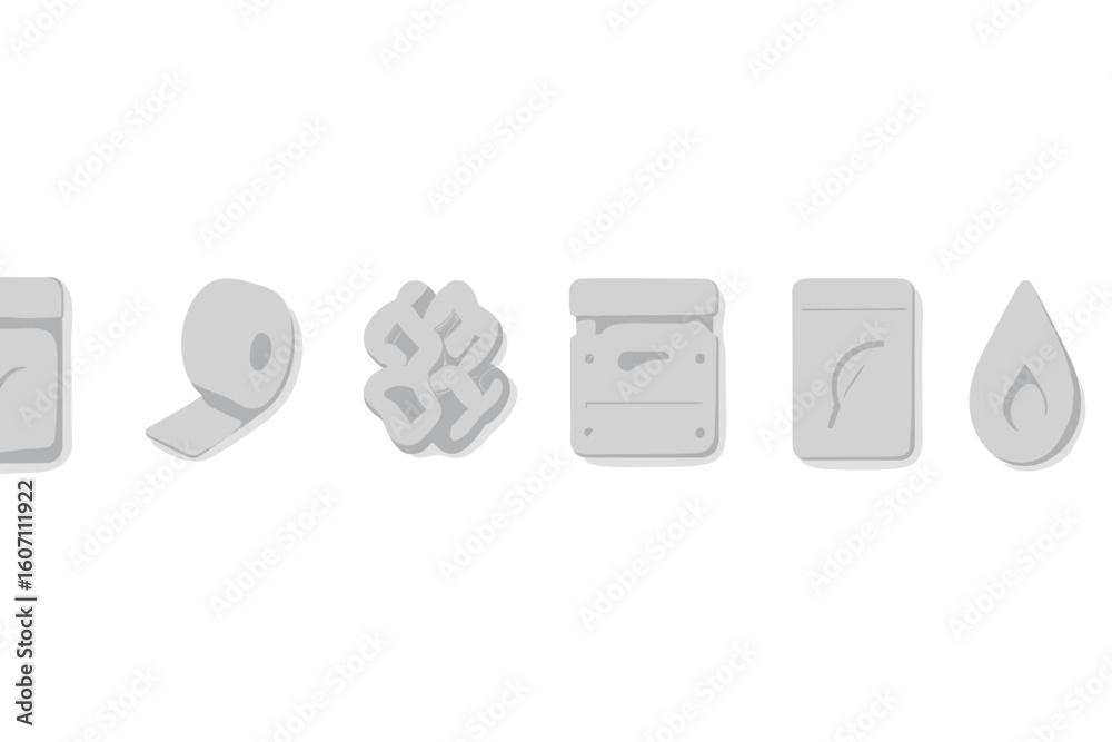 Poster various abstract white shapes representing everyday objects and symbols on a plain background