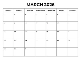 Printable March 2026 Calendar with Daily Boxes Week Starts from Sunday
