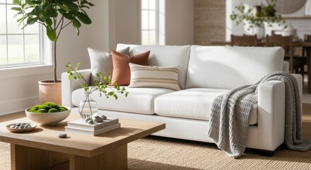 Stylish white couch in spacious living room with natural elements and soft daylight ambiance.