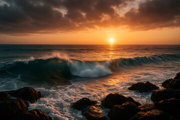 Obraz premium Ocean wave breaking at sunset with rocks in foreground