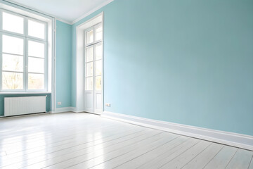 Obraz premium Freshly Painted Light Teal Room with White Wood Floors