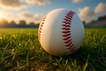 Baseball resting on grass field during golden hour in a stadium