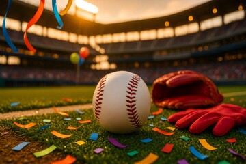 Baseball and glove lying on the field during a celebration in a stadium