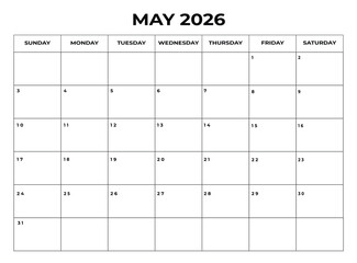 Printable May 2026 Calendar with Daily Boxes Week Starts from Sunday