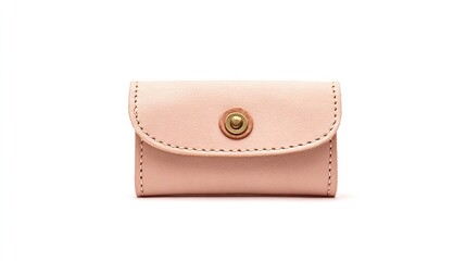 A minimalist leather card case with an envelope-shaped opening, soft pastel pink hues, subtle grain texture, two metal button-style pins on front, and an embossed pocket for elegant luxury.