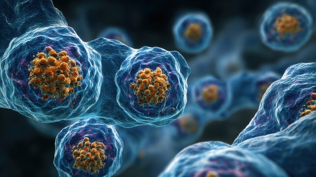 Medical illustration of macrophage cells accumulating lipids causing visible swelling and discoloration related to Gaucher disease pathology.