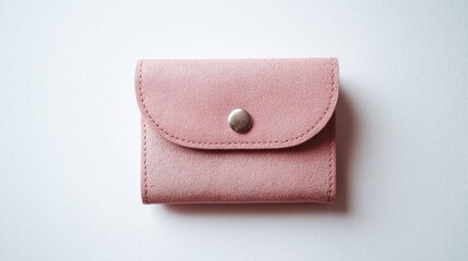 A minimalist leather card case with an envelope-shaped opening, soft pastel pink hues, subtle grain texture, two metal button-style pins on front, and an embossed pocket for elegant luxury.