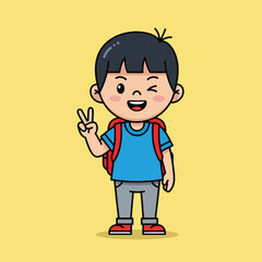 A smiling cartoon boy with a red backpack winks and makes a peace sign against a yellow background.