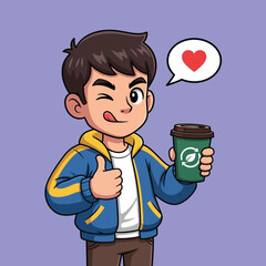 A cheerful young man winks and gives a thumbs-up while holding a green reusable coffee cup with a recycling symbol.
