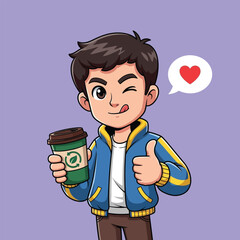 A cheerful young man winks and gives a thumbs-up while holding an eco-friendly reusable coffee cup, with a heart bubble.