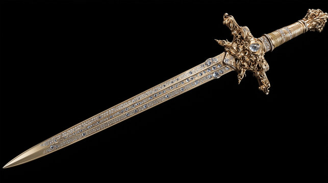 A gold sword with a cross on the hilt