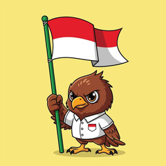 Cartoon garuda bird holding Indonesian flag, proud and determined.