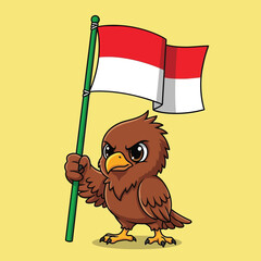 A fierce cartoon eagle proudly holds Indonesia's flag aloft.