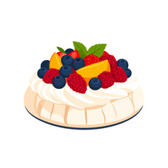 Classic Pavlova meringue dessert with whipped cream, fresh berries, peach slices, and mint garnish.