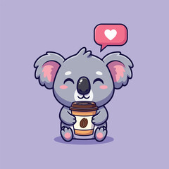 A cute cartoon koala bear happily holding a takeaway coffee cup, with a heart-shaped thought bubble.