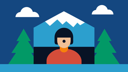 Woman on Zoom Call in Mountain Cabin Geometric Illustration