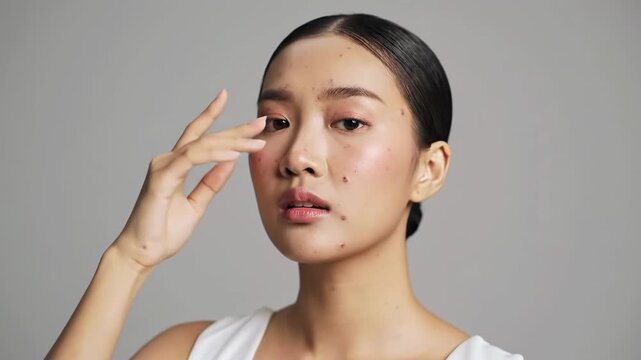 Asian woman with acne skin and slicked back hair posing