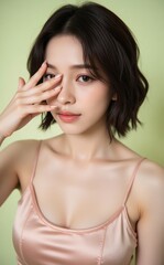 Obraz premium A modern medium close up of a gorgeous Asian woman with a playful yet seductive look. Her casual style and wavy hair pop against the soft lime background. Ideal for commercial ads. 