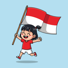 A joyful young girl enthusiastically runs while proudly waving a large red and white Indonesian flag.