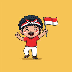 A cheerful cartoon boy with curly hair celebrates, waving an Indonesian flag while wearing a red and white headband.