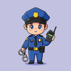 Cute cartoon police officer holding handcuffs and a walkie-talkie.