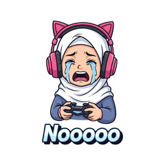 Upset gamer girl in hijab wearing headphones, crying while holding a controller.
