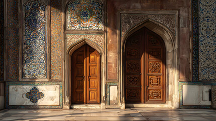 Obraz premium Two ornate wooden doors with intricate tilework on a stone wall bathed in sunlight architecture