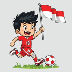 Cartoon illustration of a young soccer player kicking ball while holding a indonesian flag.